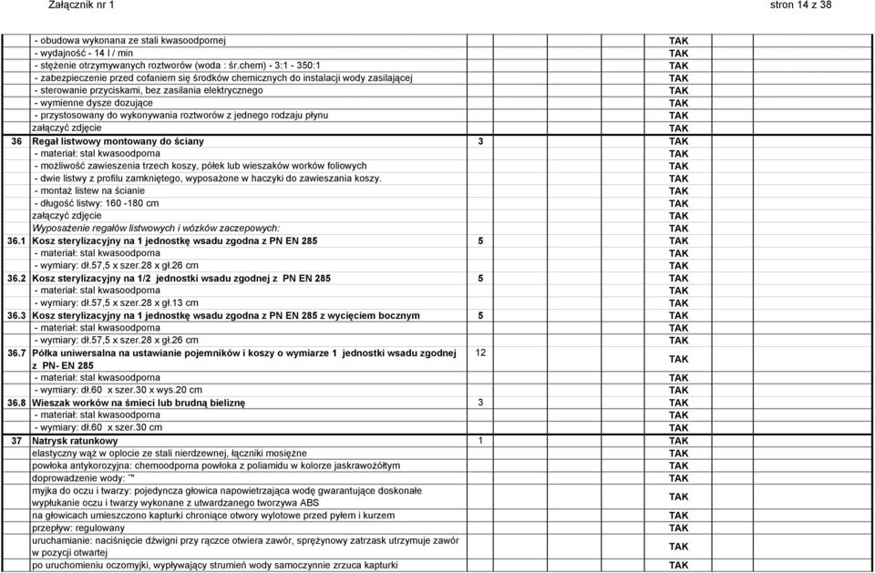 przystosowany do wykonywania roztworów z jednego rodzaju płynu załączyć zdjęcie 36 Regał listwowy montowany do ściany 3 - materiał: stal kwasoodporna - możliwość zawieszenia trzech koszy, półek lub