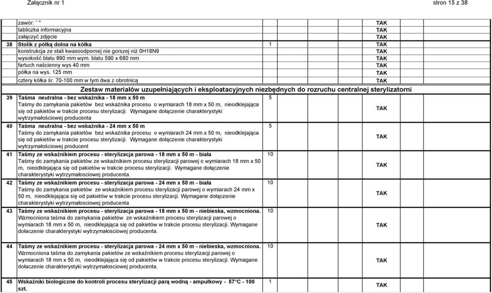 70-00 mm w tym dwa z obrotnicą Zestaw materiałów uzupełniających i eksploatacyjnych niezbędnych do rozruchu centralnej sterylizatorni 39 Taśma neutralna - bez wskaźnika - 8 mm x 50 m Taśmy do