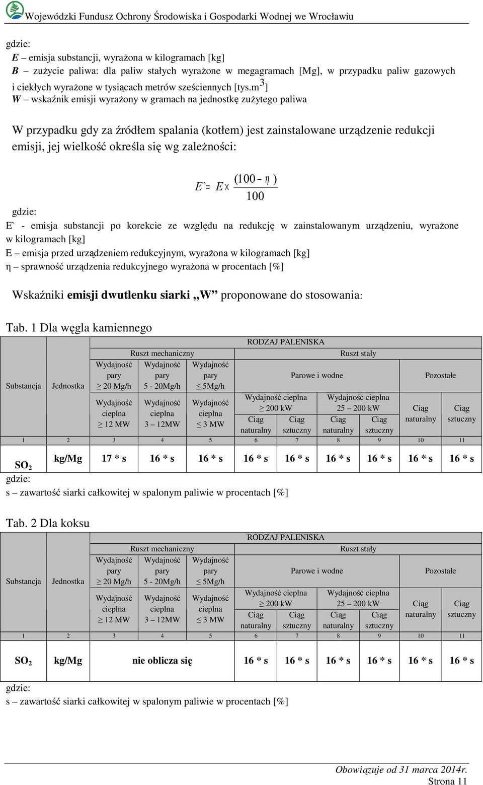 zależności: E` - emisja substancji po korekcie ze względu na redukcję w zainstalowanym urządzeniu, wyrażone w kilogramach [kg] E emisja przed urządzeniem redukcyjnym, wyrażona w kilogramach [kg] η