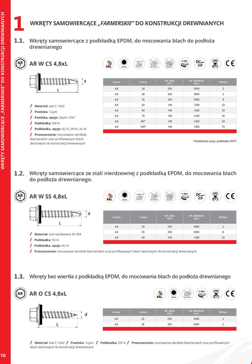 Powłoka, opcje: 24µm / EsC / Podkładka: ZN14 / Podkładka, opcje: AL14, ZN16, AL16 / Przeznaczenie: mocowanie obróbek blacharskich oraz profilowanych blach dachowych do konstrukcji drewnianych 4,8 20