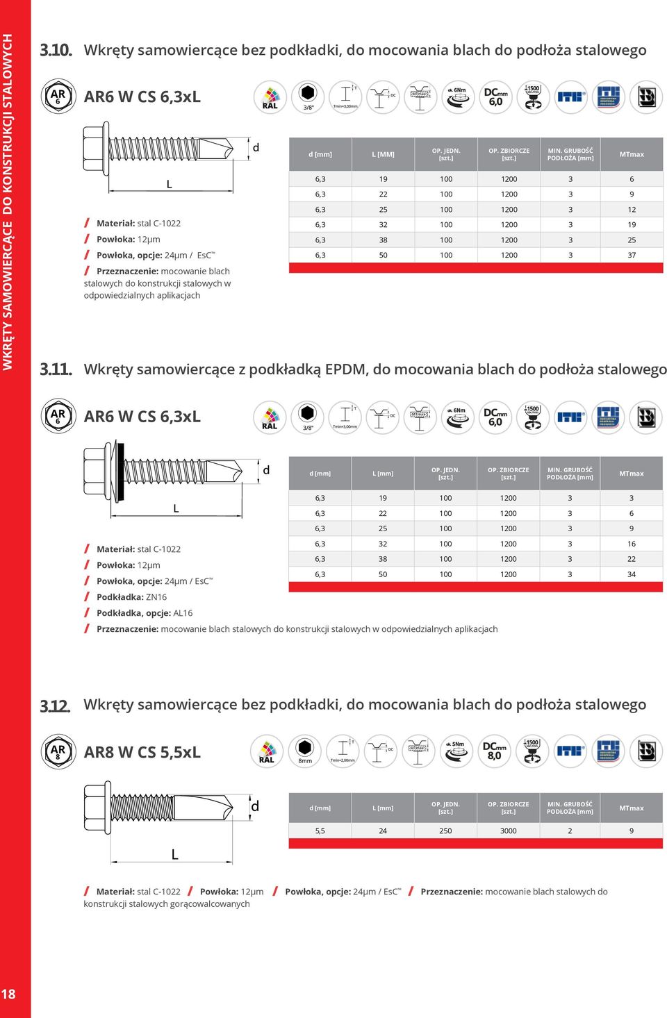 do konstrukcji stalowych w odpowiedzialnych aplikacjach L [MM] 6,3 19 100 1200 3 6 6,3 22 100 1200 3 9 6,3 25 100 1200 3 12 6,3 32 100 1200 3 19 6,3 38 100 1200 3 25 6,3 50 100 1200 3 37 Wkręty