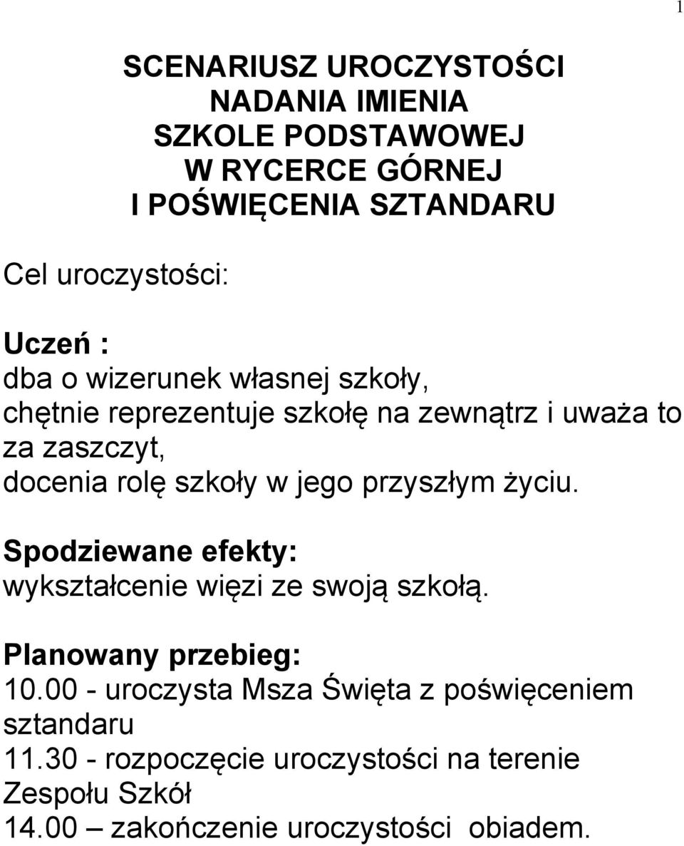 w jego przyszłym życiu. Spodziewane efekty: wykształcenie więzi ze swoją szkołą. Planowany przebieg: 10.