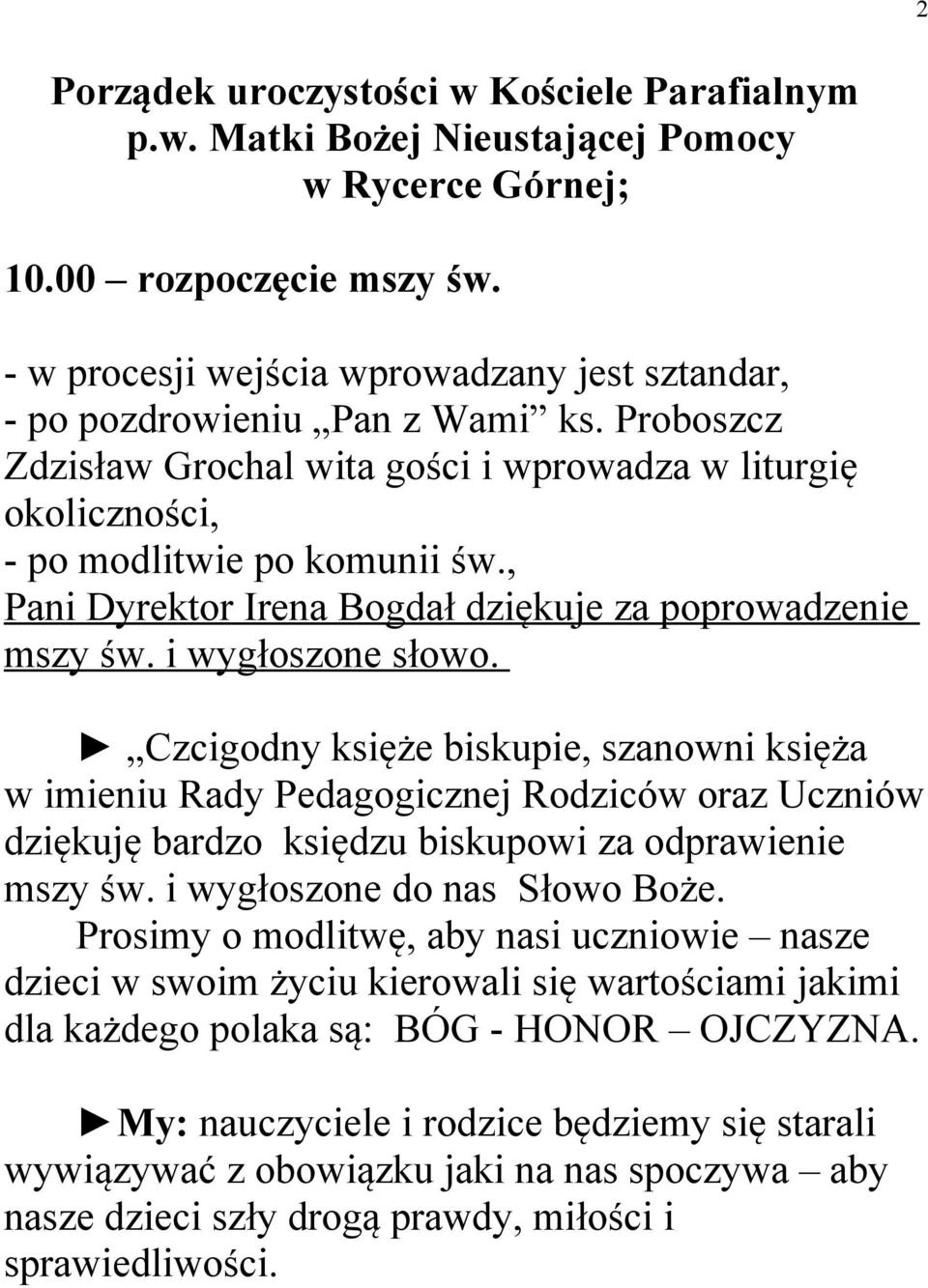 , Pani Dyrektor Irena Bogdał dziękuje za poprowadzenie mszy św. i wygłoszone słowo.