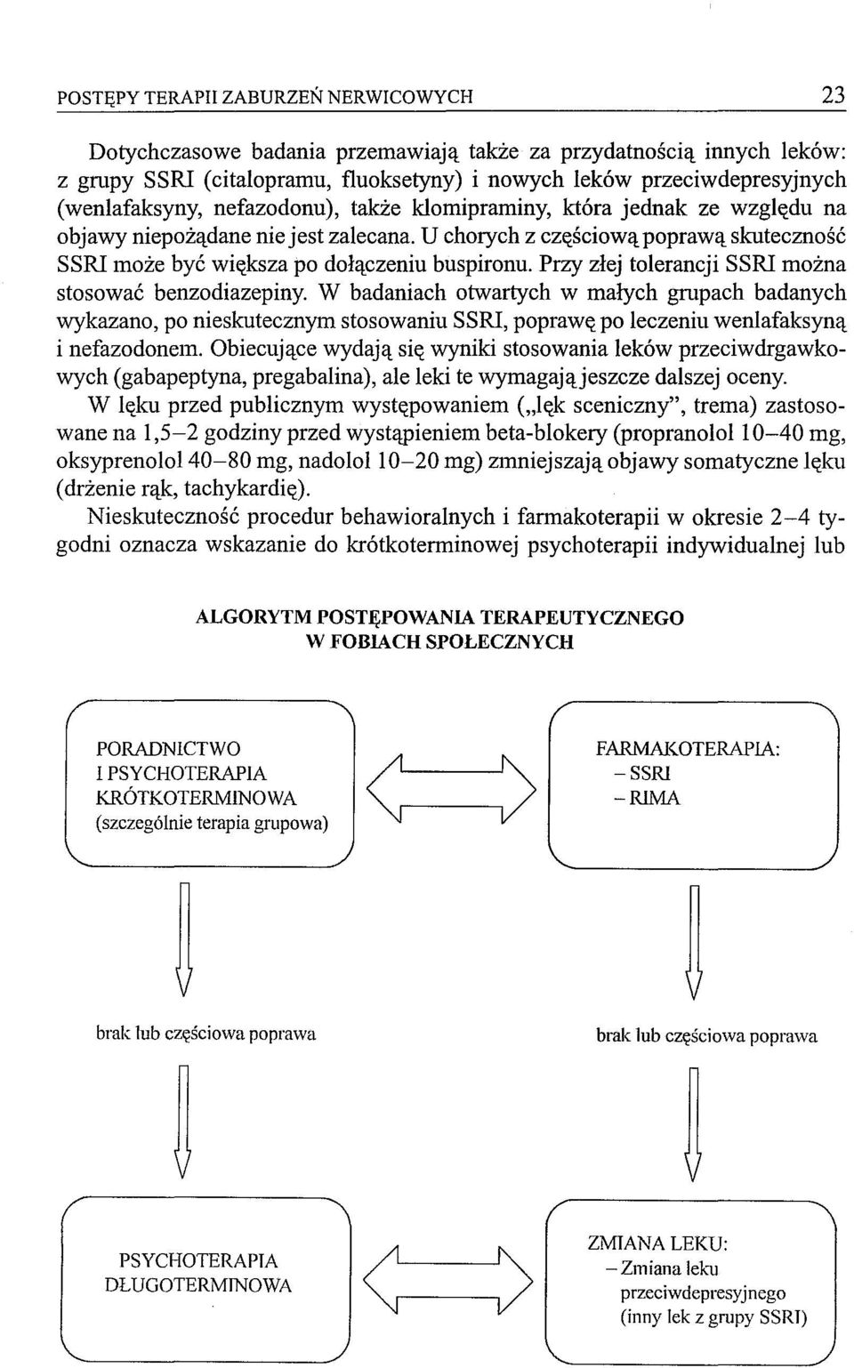 U chorych z częściową poprawą skuteczność SSRI może być większa po dołączeniu buspironu. Przy złej tolerancji SSRI można stosować benzodiazepiny.