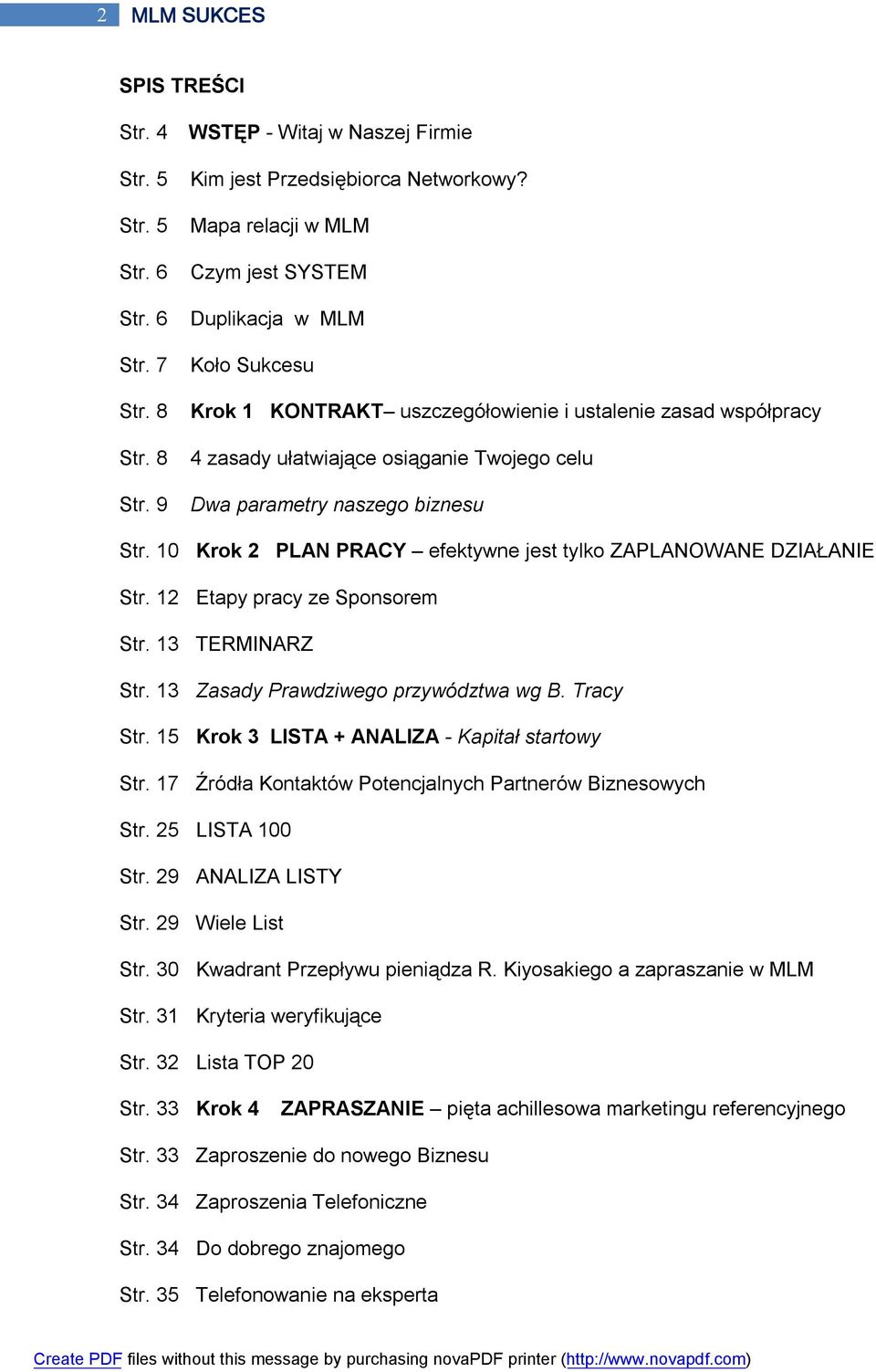 biznesu Str. 10 Krok 2 PLAN PRACY efektywne jest tylko ZAPLANOWANE DZIAŁANIE Str. 12 Etapy pracy ze Sponsorem Str. 13 TERMINARZ Str. 13 Zasady Prawdziwego przywództwa wg B. Tracy Str.