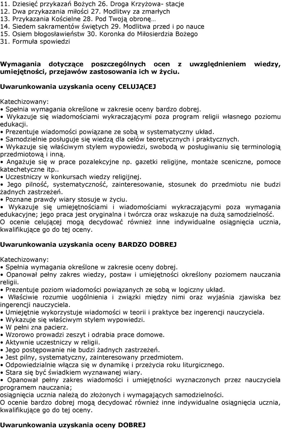 Formuła spowiedzi Wymagania dotyczące poszczególnych ocen z uwzględnieniem wiedzy, umiejętności, przejawów zastosowania ich w życiu.