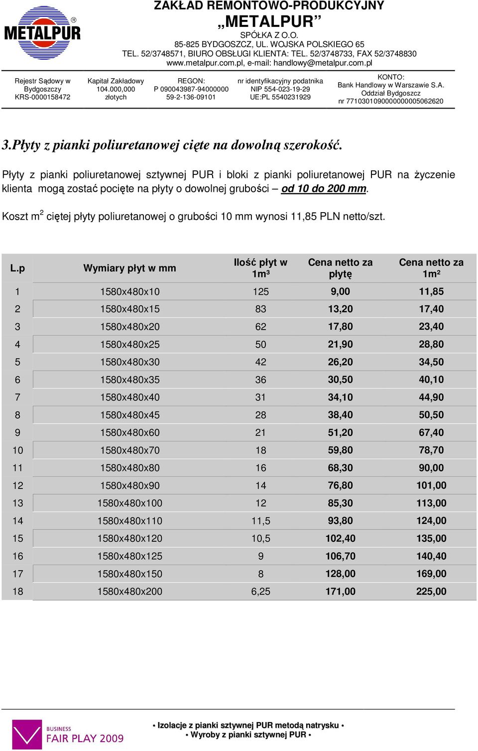 Koszt m 2 ciętej płyty poliuretanowej o grubości 10 mm wynosi 11,85 PLN netto/szt. L.