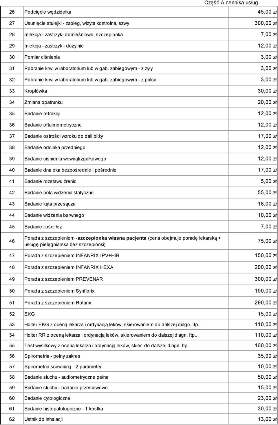 zabiegowym - z palca 3,00 zł 33 Kroplówka 30,00 zł 34 Zmiana opatrunku 20,00 zł 35 Badanie refrakcji 12,00 zł 36 Badanie oftalmometryczne 12,00 zł 37 Badanie ostrości wzroku do dali bliży 17,00 zł 38