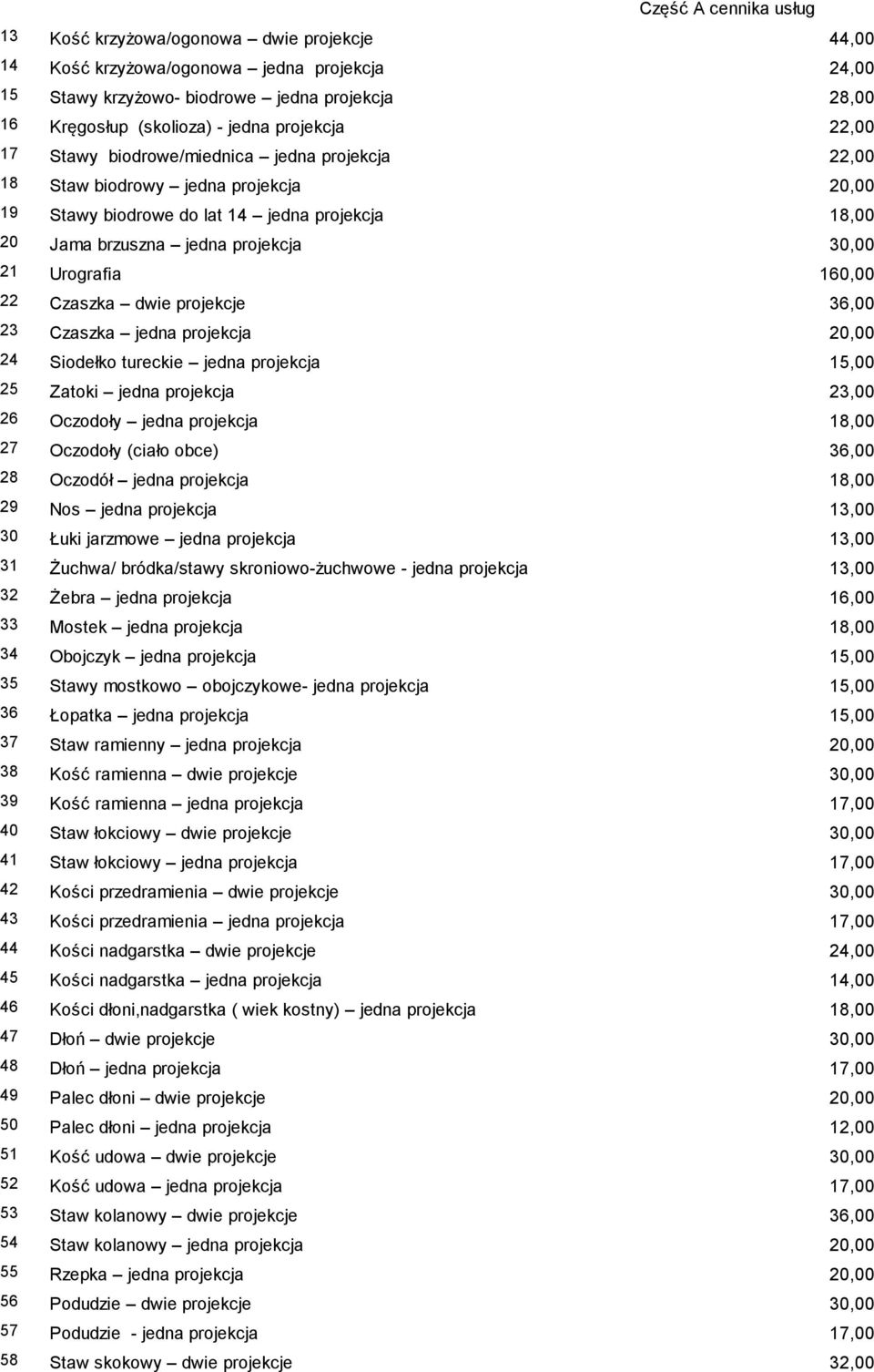 dwie projekcje 36,00 23 Czaszka jedna projekcja 20,00 24 Siodełko tureckie jedna projekcja 15,00 25 Zatoki jedna projekcja 23,00 26 Oczodoły jedna projekcja 18,00 27 Oczodoły (ciało obce) 36,00 28