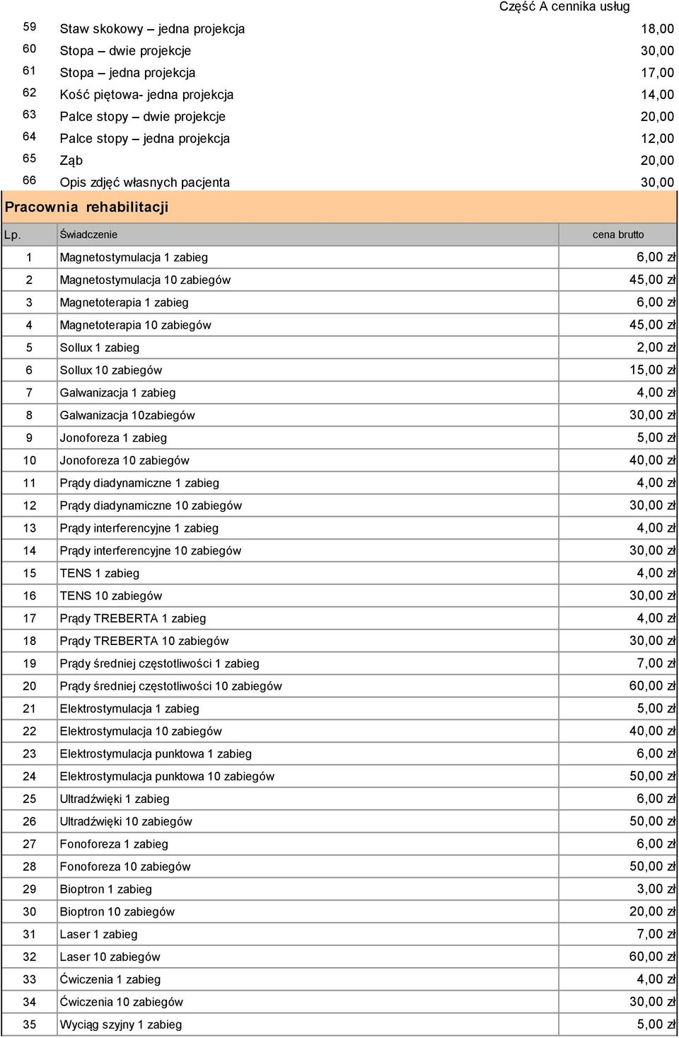 Świadczenie cena brutto 1 Magnetostymulacja 1 zabieg 6,00 zł 2 Magnetostymulacja 10 zabiegów 45,00 zł 3 Magnetoterapia 1 zabieg 6,00 zł 4 Magnetoterapia 10 zabiegów 45,00 zł 5 Sollux 1 zabieg 2,00 zł