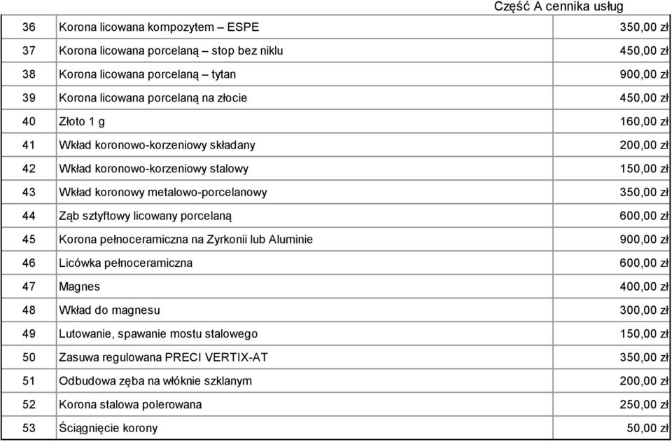 licowany porcelaną 600,00 zł 45 Korona pełnoceramiczna na Zyrkonii lub Aluminie 900,00 zł 46 Licówka pełnoceramiczna 600,00 zł 47 Magnes 400,00 zł 48 Wkład do magnesu 300,00 zł 49 Lutowanie,