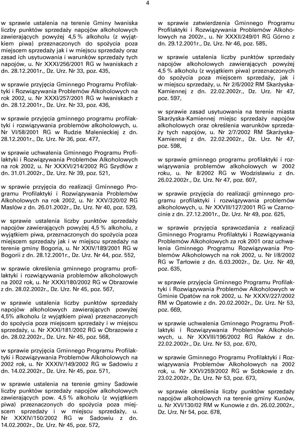 435, w sprawie przyjęcia Gminnego Programu Profilaktyki i Rozwiązywania Problemów Alkoholowych na rok 2002, u. Nr XXXI/257/2001 RG w Iwaniskach z dn. 28.12.2001r., Dz. Urz. Nr 33, poz.