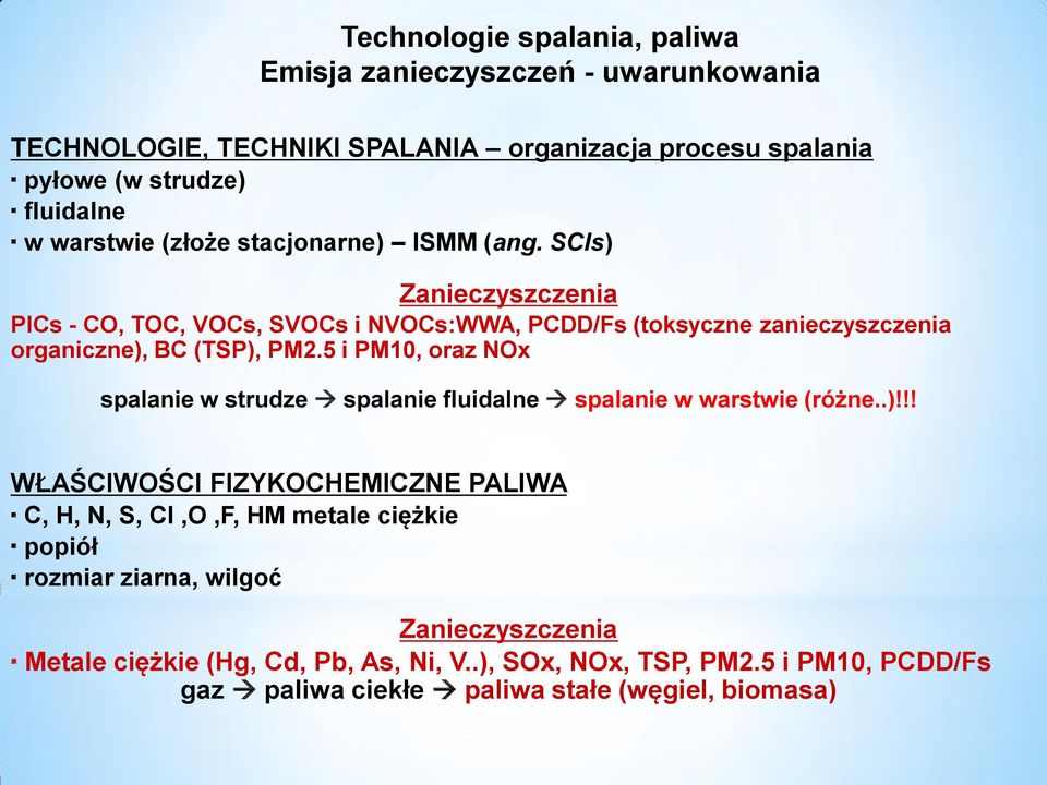 SCIs) Zanieczyszczenia PICs - CO, TOC, VOCs, SVOCs i NVOCs:WWA, PCDD/Fs (toksyczne zanieczyszczenia organiczne), BC (TSP), PM2.