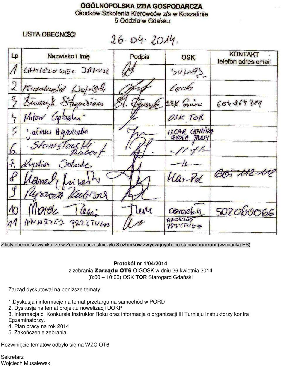 Dyskusja i informacje na temat przetargu na samochód w PORD 2. Dyskusja na temat projektu nowelizacji UOKP 3.