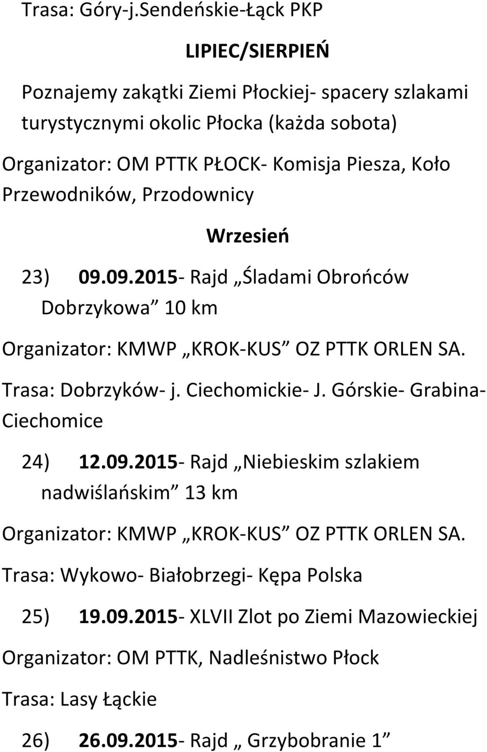 PTTK PŁOCK- Komisja Piesza, Koło Przewodników, Przodownicy Wrzesień 23) 09.09.2015- Rajd Śladami Obrońców Dobrzykowa 10 km Trasa: Dobrzyków- j.