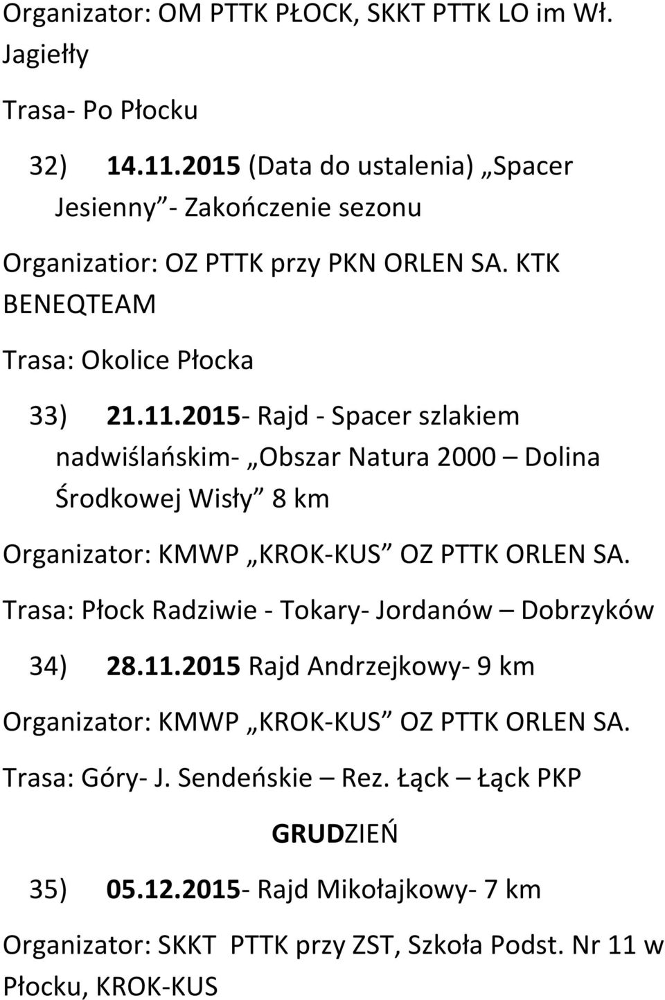 2015- Rajd - Spacer szlakiem nadwiślańskim- Obszar Natura 2000 Dolina Środkowej Wisły 8 km Trasa: Płock Radziwie - Tokary- Jordanów Dobrzyków