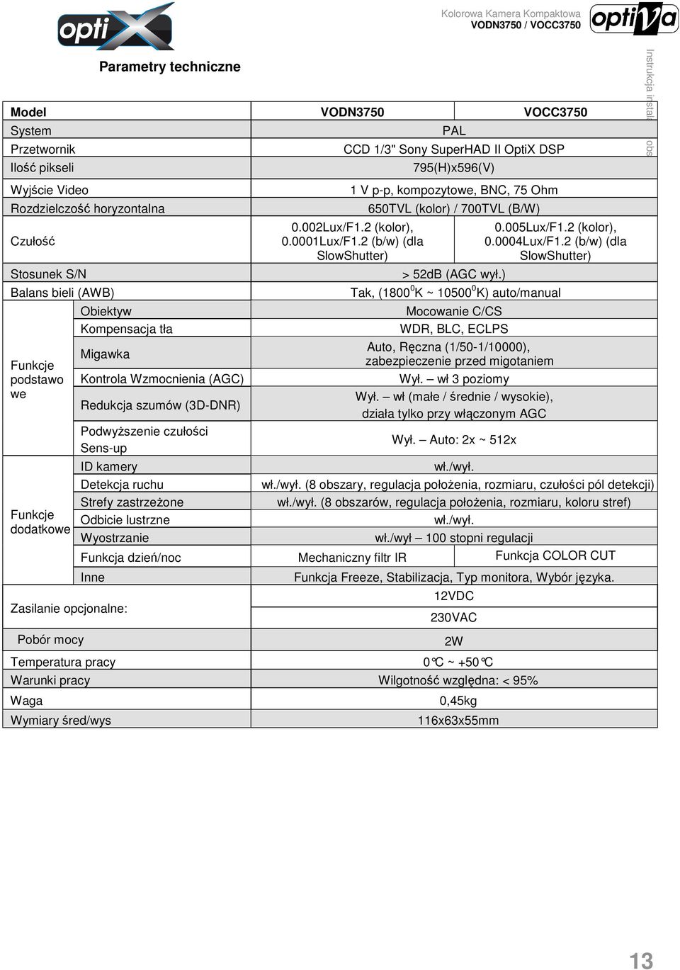75 Ohm 0.002Lux/F1.2 (kolor), 0.0001Lux/F1.2 (b/w) (dla SlowShutter) 650TVL (kolor) / 700TVL (B/W) > 52dB (AGC wył.) 0.005Lux/F1.2 (kolor), 0.0004Lux/F1.