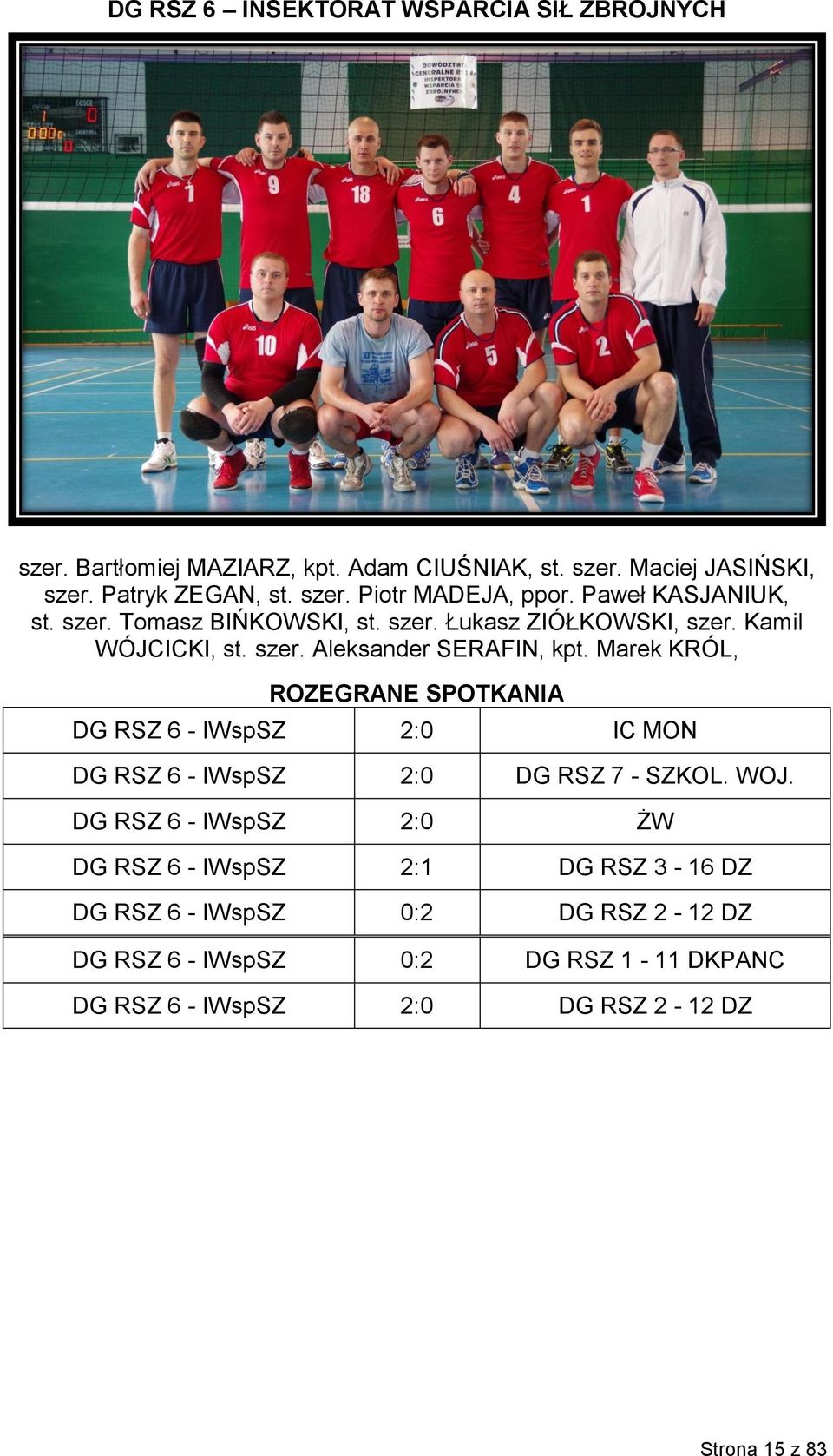 Marek KRÓL, ROZEGRANE SPOTKANIA DG RSZ 6 - IWspSZ 2:0 IC MON DG RSZ 6 - IWspSZ 2:0 DG RSZ 7 - SZKOL. WOJ.