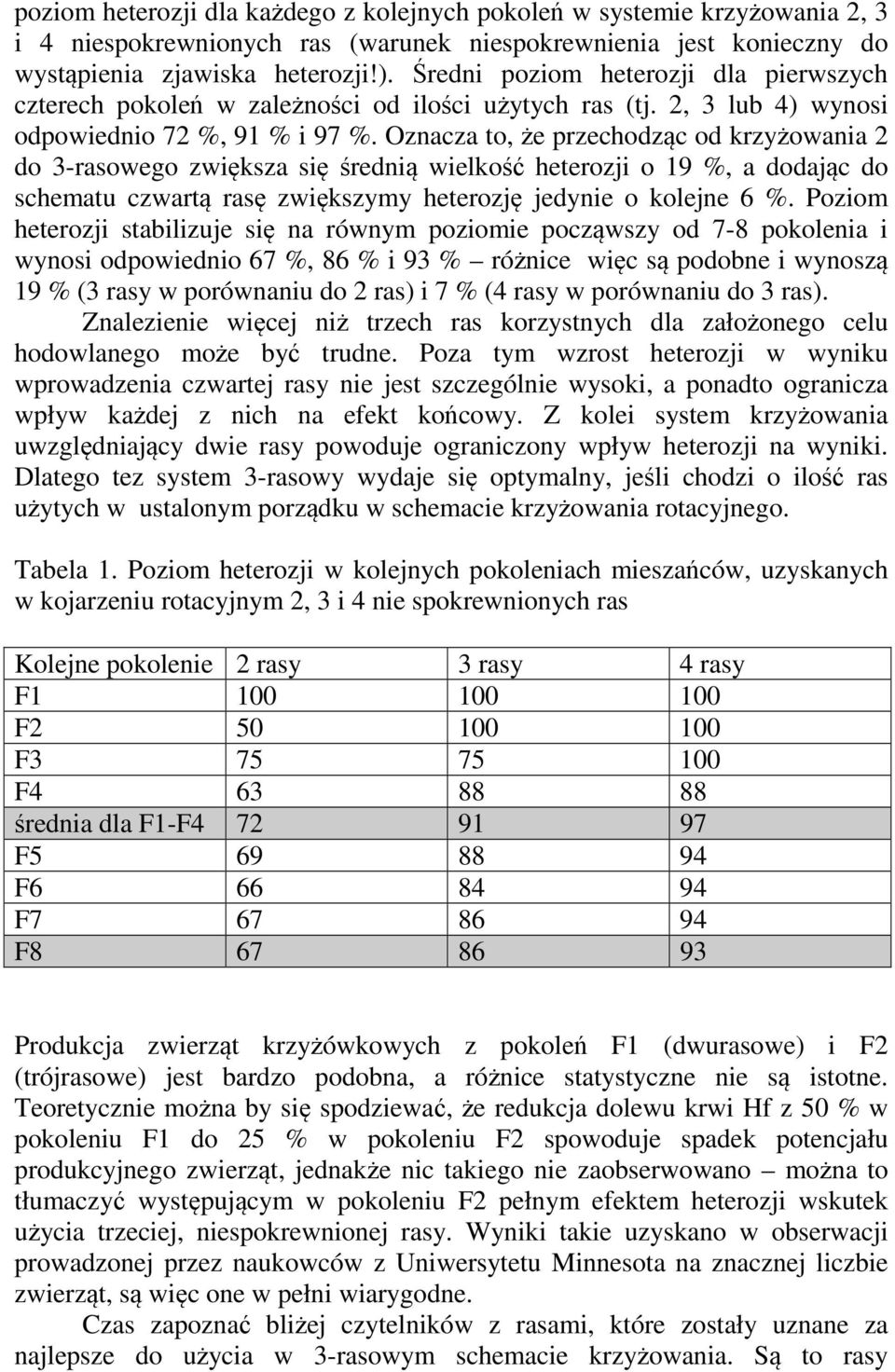 Oznacza to, że przechodząc od krzyżowania 2 do 3-rasowego zwiększa się średnią wielkość heterozji o 19 %, a dodając do schematu czwartą rasę zwiększymy heterozję jedynie o kolejne 6 %.