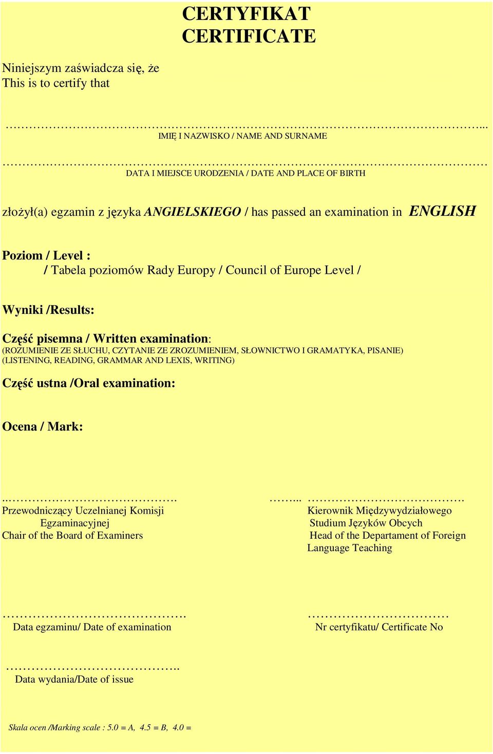 poziomów Rady Europy / Council of Europe Level / Wyniki /Results: Część pisemna / Written examination: (ROZUMIENIE ZE SŁUCHU, CZYTANIE ZE ZROZUMIENIEM, SŁOWNICTWO I GRAMATYKA, PISANIE) (LISTENING,