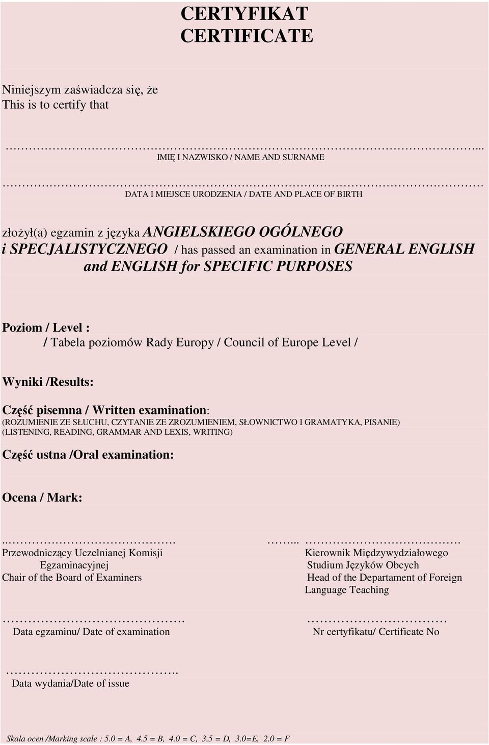 ENGLISH and ENGLISH for SPECIFIC PURPOSES Poziom / Level : / Tabela poziomów Rady Europy / Council of Europe Level / Wyniki /Results: Część pisemna / Written examination: (ROZUMIENIE ZE SŁUCHU,