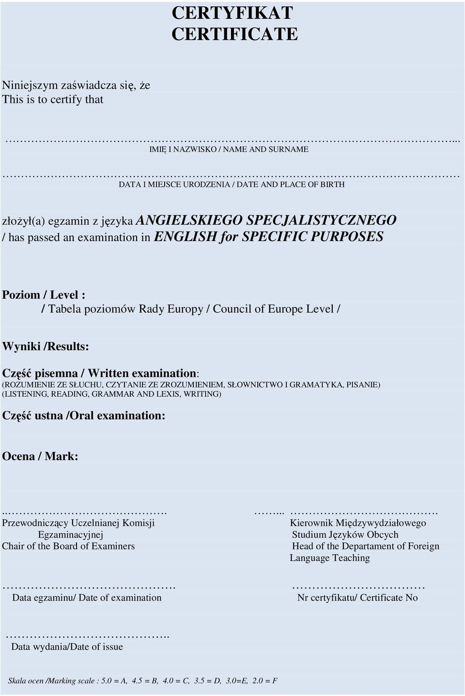 PURPOSES Poziom / Level : / Tabela poziomów Rady Europy / Council of Europe Level / Wyniki /Results: Część pisemna / Written examination: (ROZUMIENIE ZE SŁUCHU, CZYTANIE ZE ZROZUMIENIEM, SŁOWNICTWO I