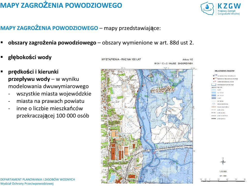 głębokości wody prędkości i kierunki przepływu wody w wyniku modelowania dwuwymiarowego