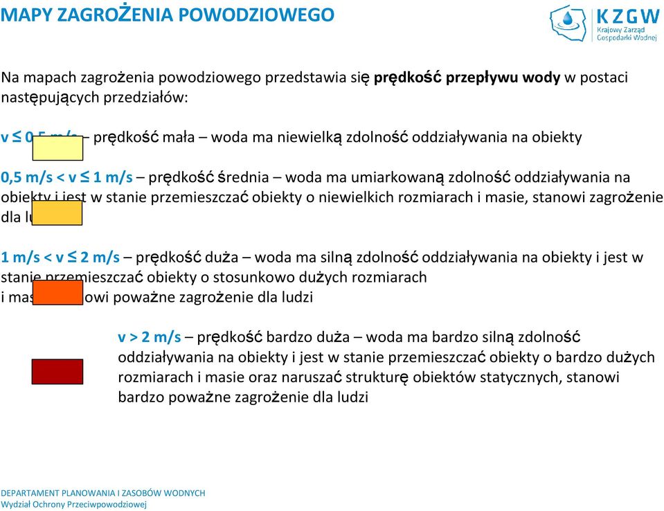 m/s <v 2 m/s prędkośćduża woda ma silnązdolnośćoddziaływania na obiekty i jest w stanie przemieszczaćobiekty o stosunkowo dużych rozmiarach i masie, stanowi poważne zagrożenie dla ludzi v > 2 m/s