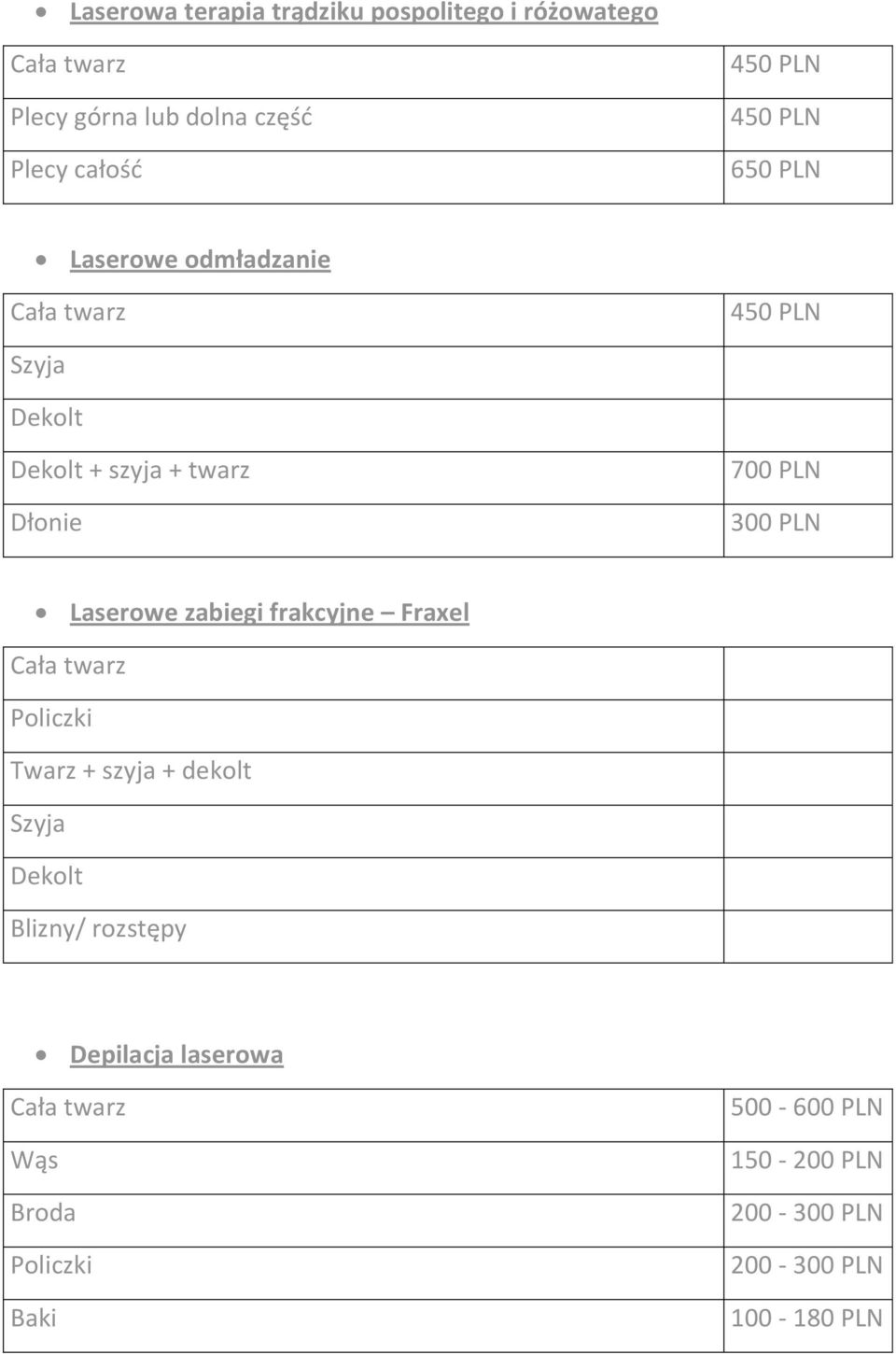 PLN Laserowe zabiegi frakcyjne Fraxel Cała twarz Policzki Twarz + szyja + dekolt Szyja Dekolt Blizny/ rozstępy