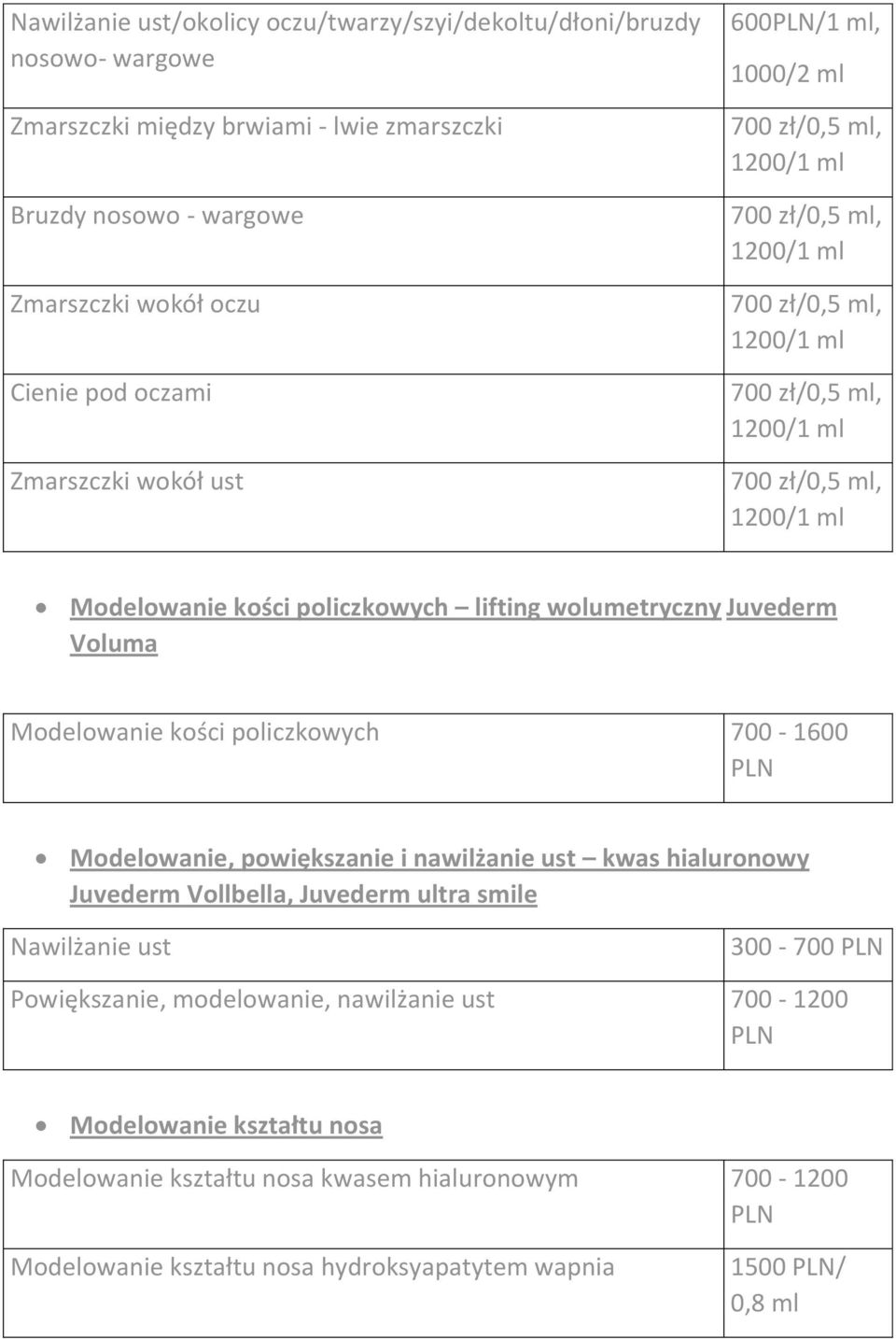 wolumetryczny Juvederm Voluma Modelowanie kości policzkowych 700-1600 PLN Modelowanie, powiększanie i nawilżanie ust kwas hialuronowy Juvederm Vollbella, Juvederm ultra smile Nawilżanie ust 300-700