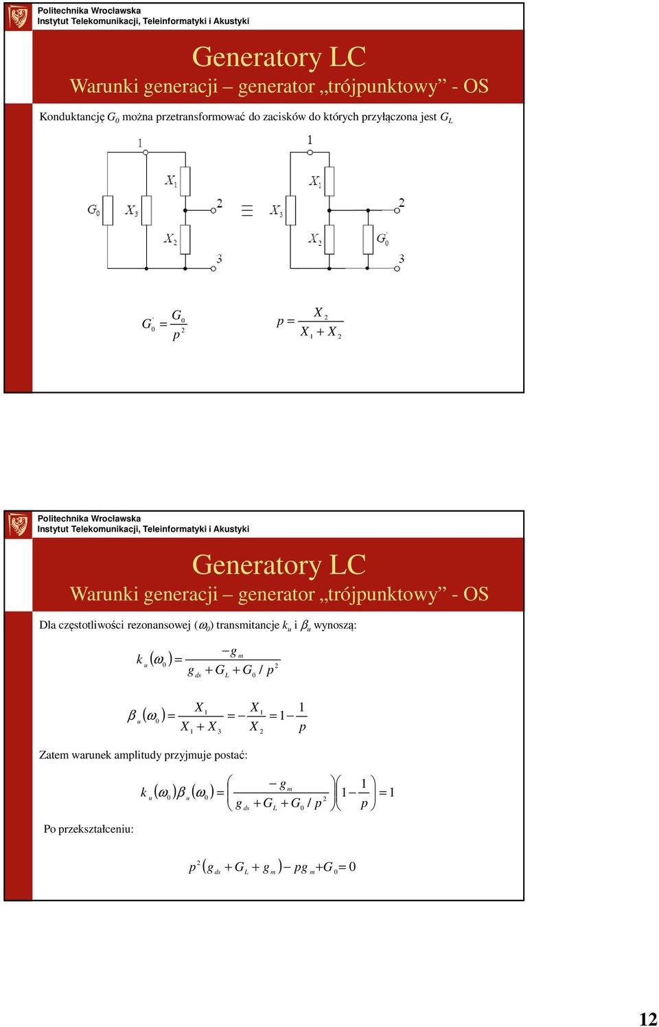 rezonansowej (ω ) transmitancje k u i β u wynoszą: β k u u g + G + G m ( ω ) = ( ω ) g ds L / p X X = = = X + X X Zatem