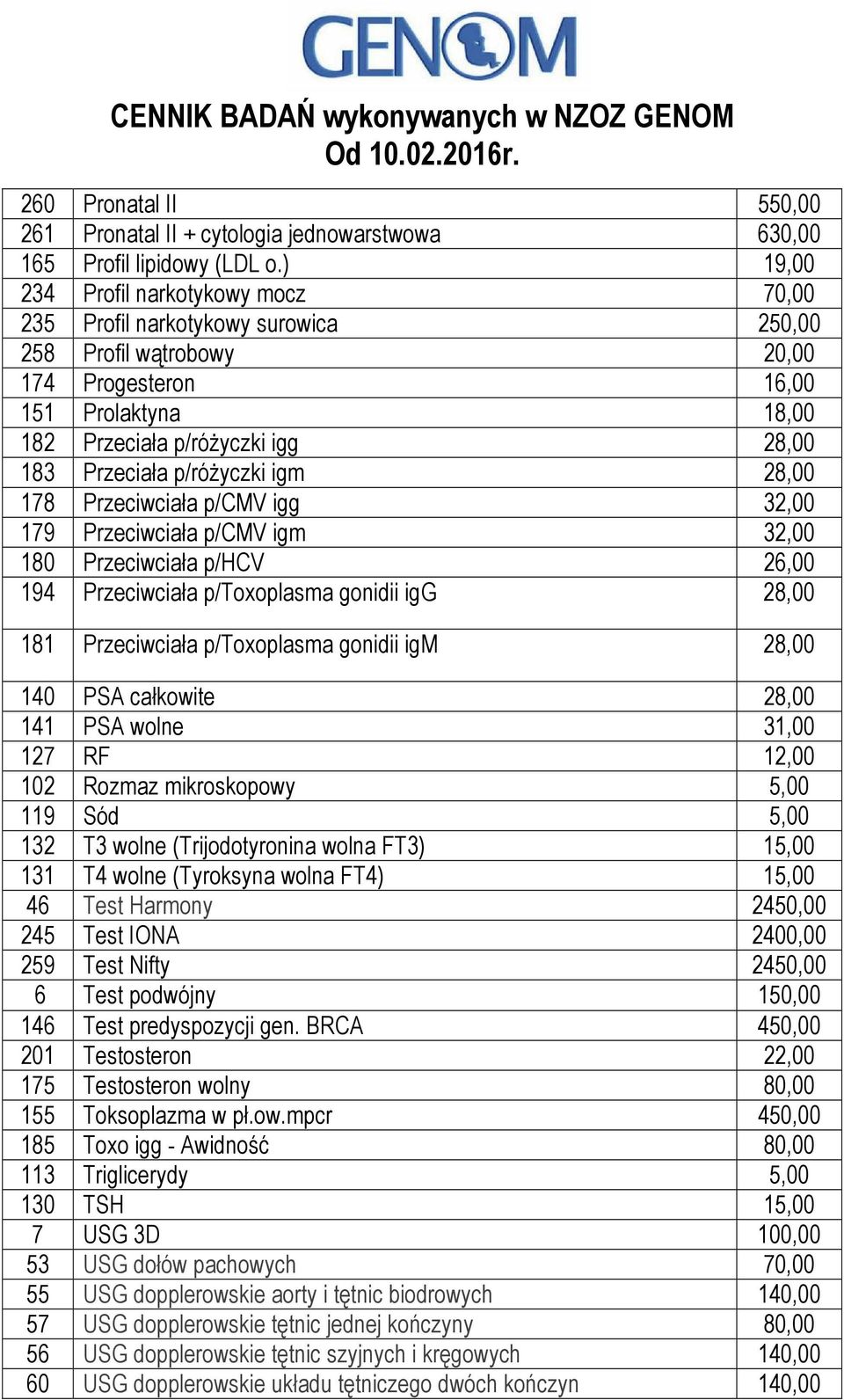 p/różyczki igm 28,00 178 Przeciwciała p/cmv igg 32,00 179 Przeciwciała p/cmv igm 32,00 180 Przeciwciała p/hcv 26,00 194 Przeciwciała p/toxoplasma gonidii igg 28,00 181 Przeciwciała p/toxoplasma