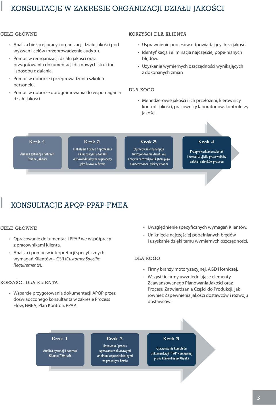 Pomoc w doborze oprogramowania do wspomagania działu jakości. Usprawnienie procesów odpowiadających za jakość. Identyfikacja i eliminacja najczęściej popełnianych błędów.