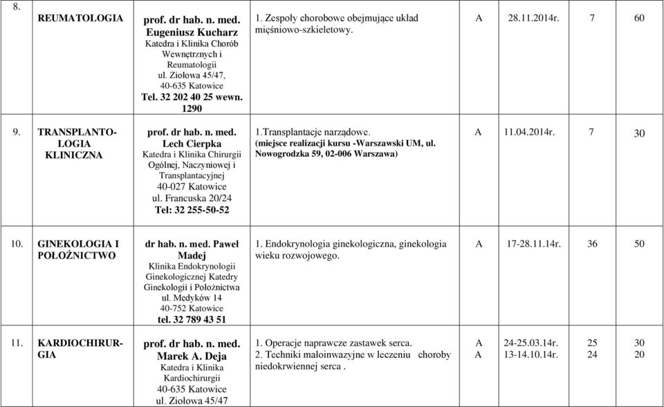 (miejsce realizacji kursu -Warszawski UM, ul. Nowogrodzka 59, 02-00 Warszawa) 11.04.r. 10. GINEKOLOGI I POŁOŻNICTWO dr hab. n. med.