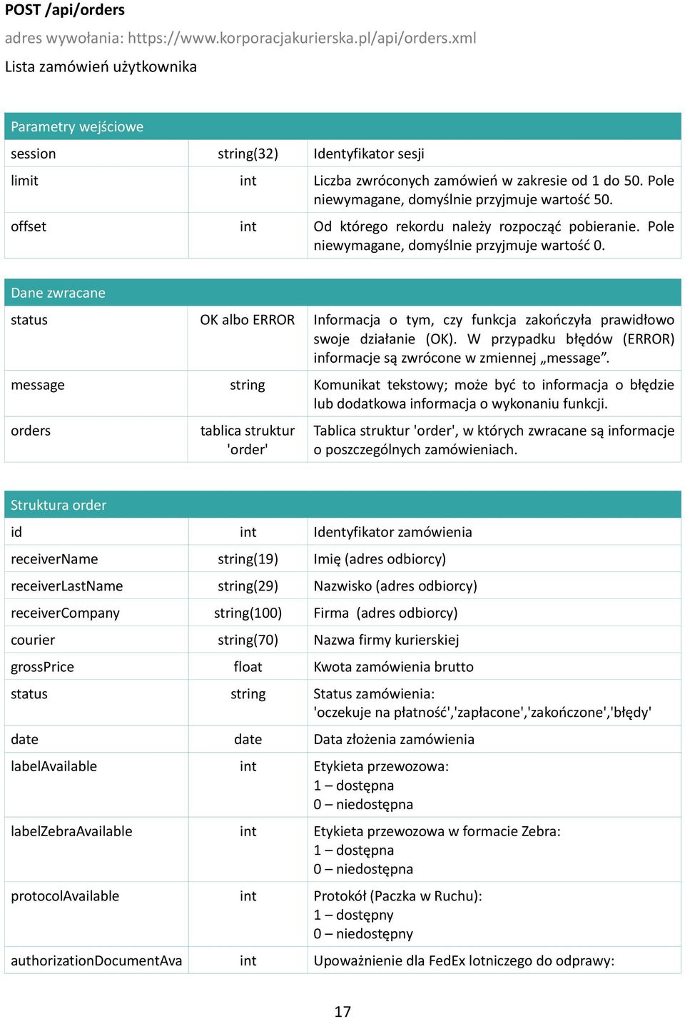 orders tablica struktur 'order' Tablica struktur 'order', w których zwracane są informacje o poszczególnych zamówieniach.