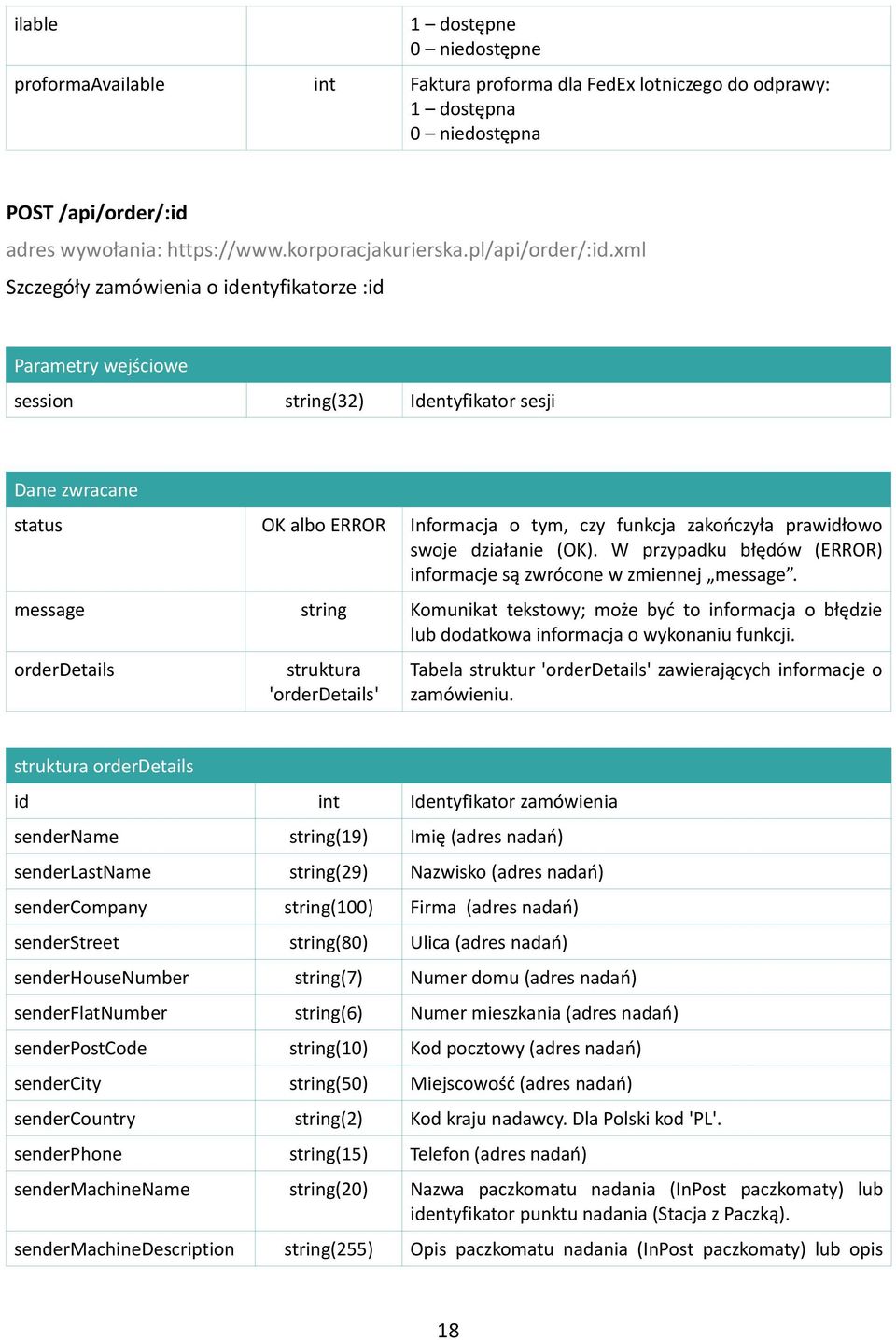 struktura orderdetails id int Identyfikator zamówienia sendername string(19) Imię (adres nadań) senderlastname string(29) Nazwisko (adres nadań) sendercompany string(100) Firma (adres nadań)