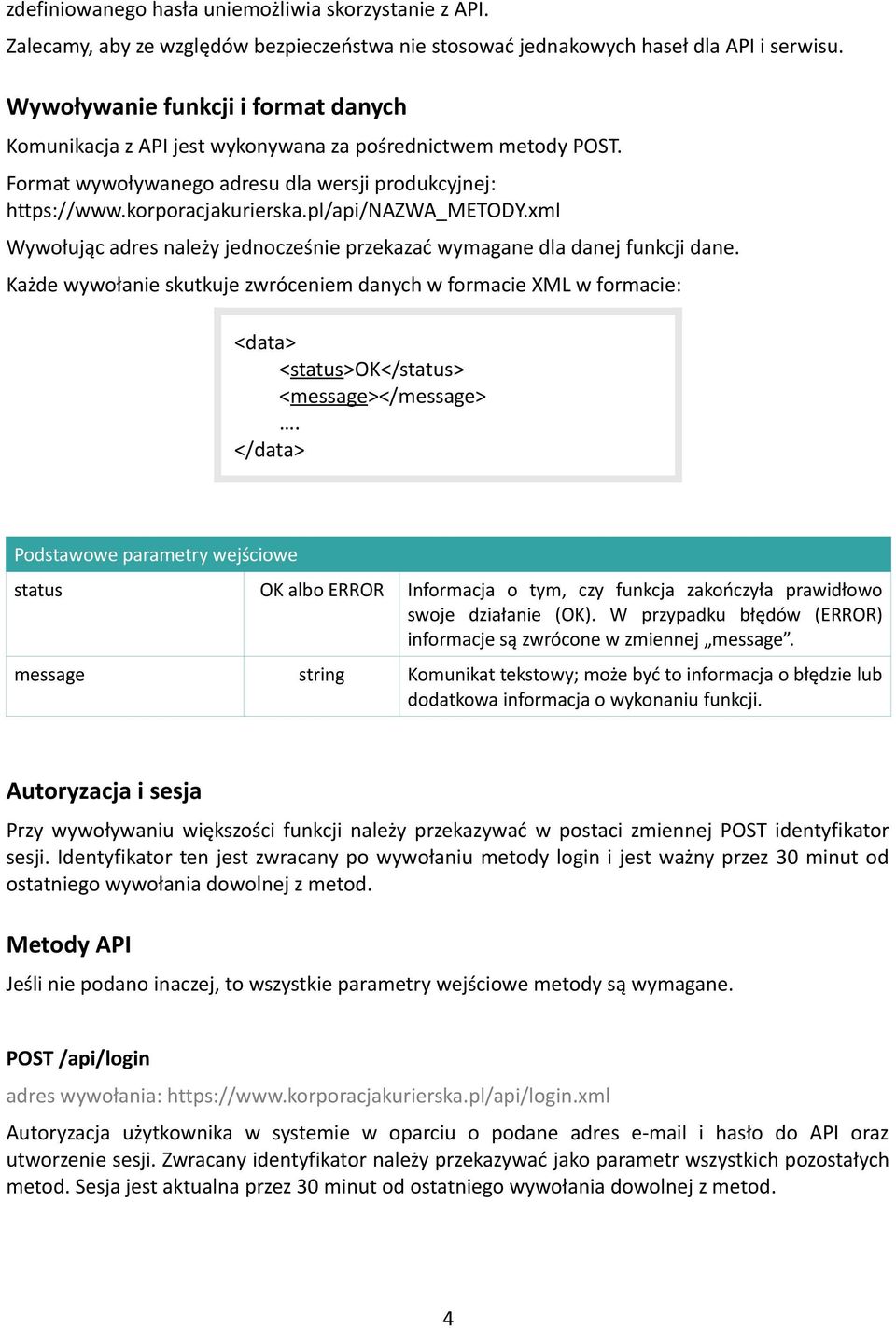 pl/api/nazwa_metody.xml Wywołując adres należy jednocześnie przekazać wymagane dla danej funkcji dane.