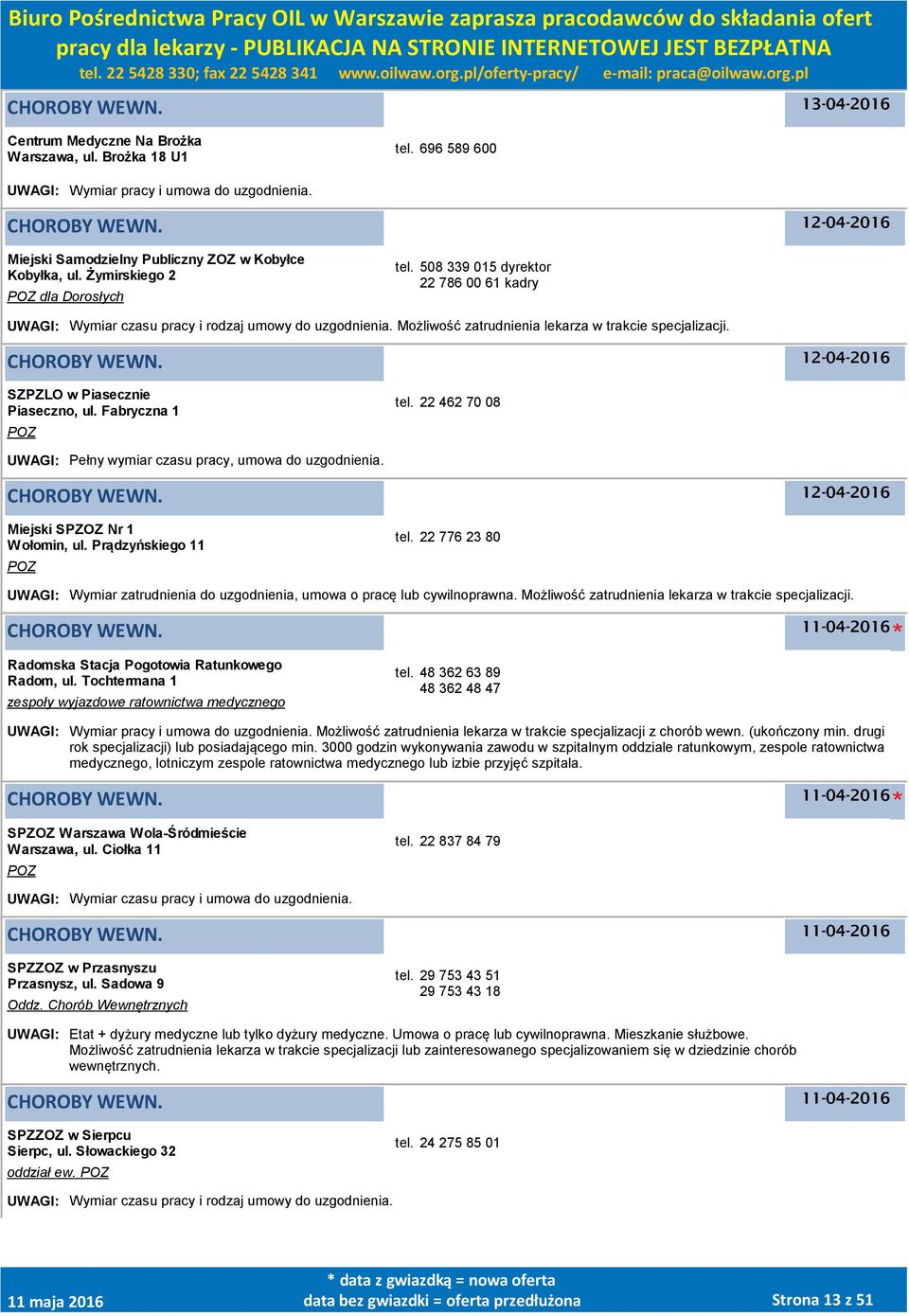 12-04-2016 SZPZLO w Piasecznie Piaseczno, ul. Fabryczna 1 tel. 22 462 70 08 UWAGI: Pełny wymiar czasu pracy, umowa do uzgodnienia. 12-04-2016 Miejski SPZOZ Nr 1 Wołomin, ul. Prądzyńskiego 11 tel.