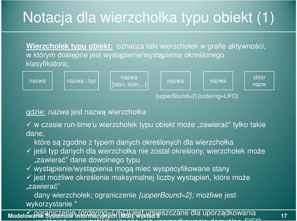 ..] nazwa nazwa zbiór nazw {upperbound=2}{ordering=lifo} gdzie: nazwa jest nazwą wierzchołka w czasie run-time u wierzchołek typu obiekt może zawierać tylko takie dane, które są zgodne z typem danych