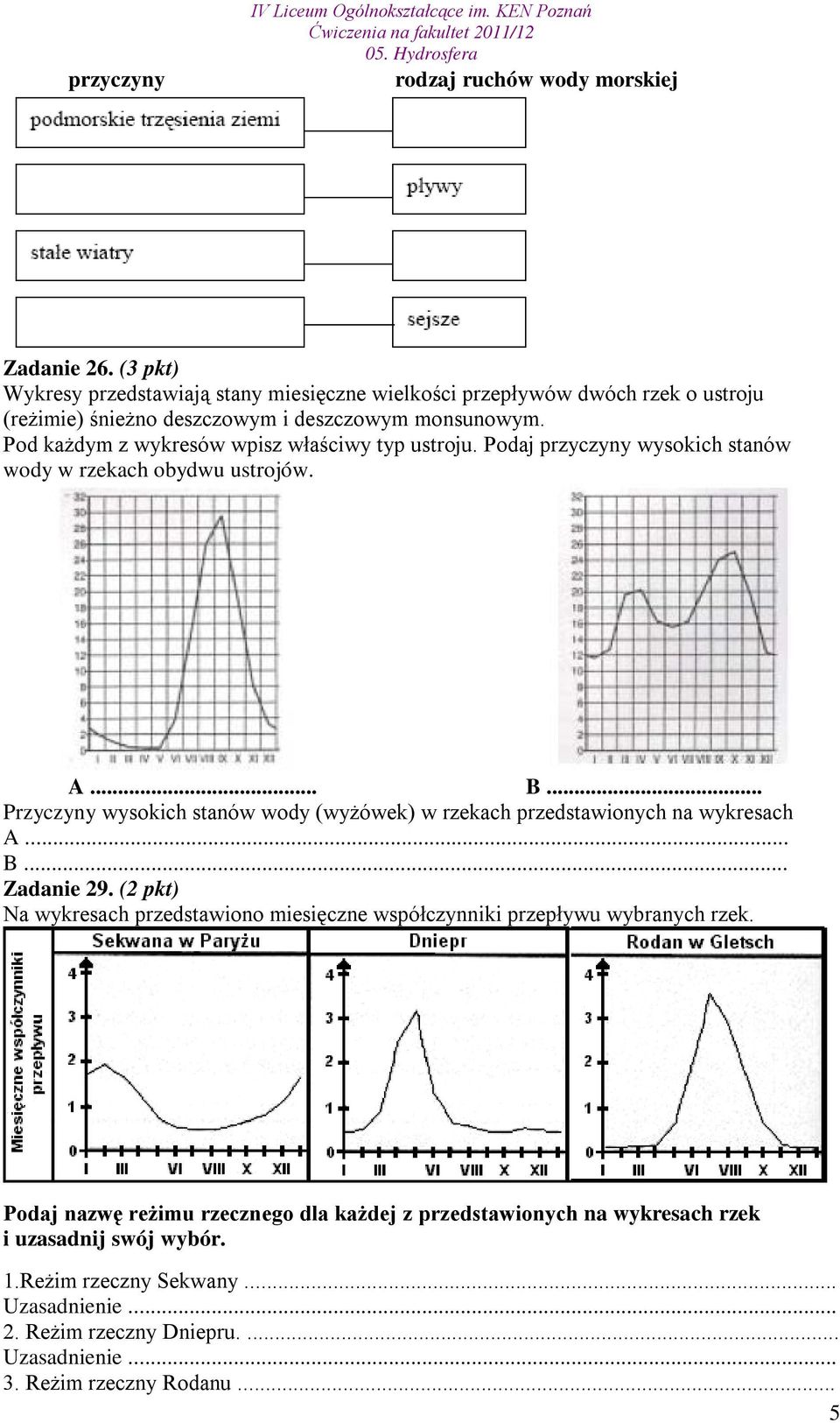Pod każdym z wykresów wpisz właściwy typ ustroju. Podaj przyczyny wysokich stanów wody w rzekach obydwu ustrojów. A... B.