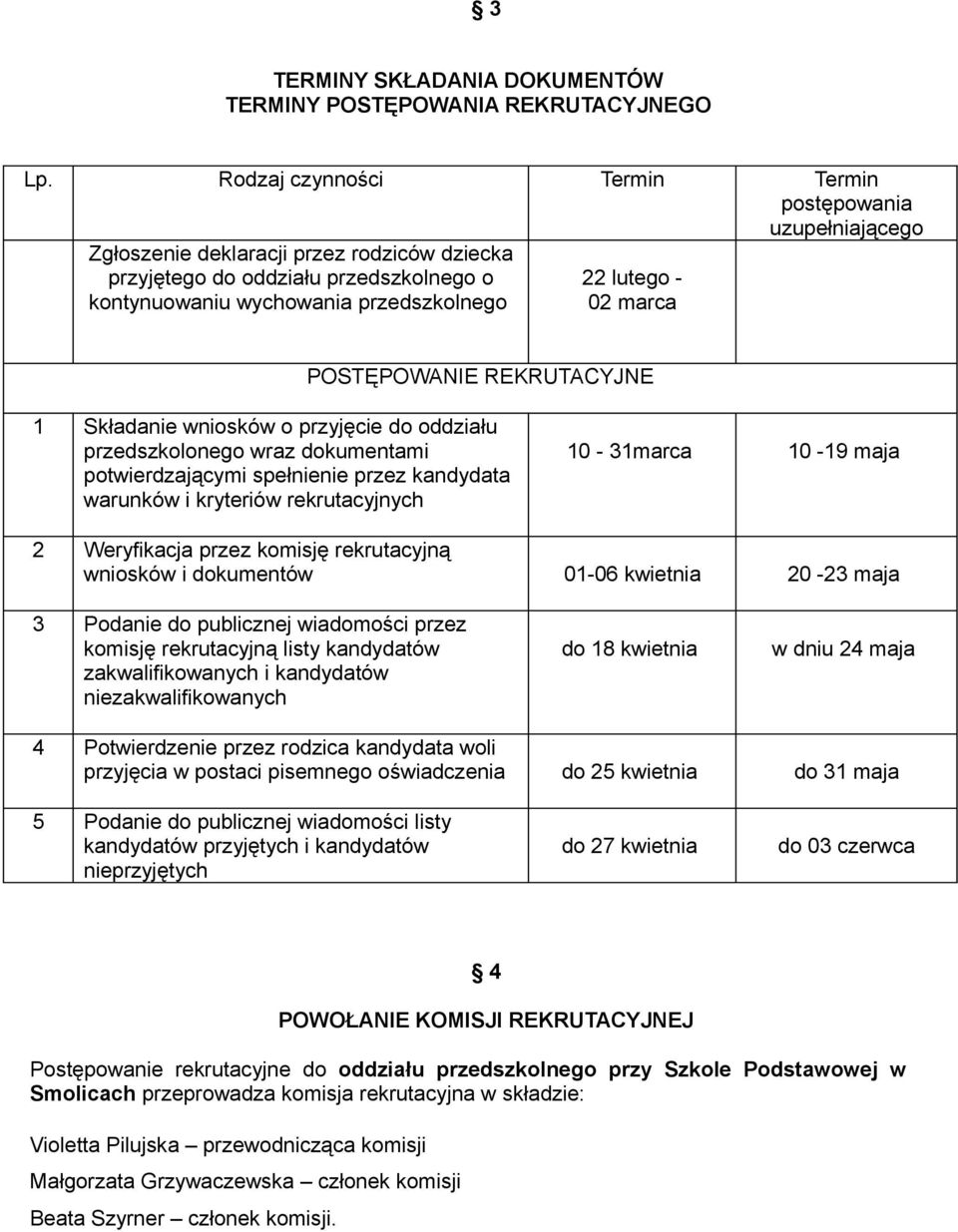 marca POSTĘPOWANIE REKRUTACYJNE 1 Składanie wniosków o przyjęcie do oddziału przedszkolonego wraz dokumentami potwierdzającymi spełnienie przez kandydata warunków i kryteriów rekrutacyjnych