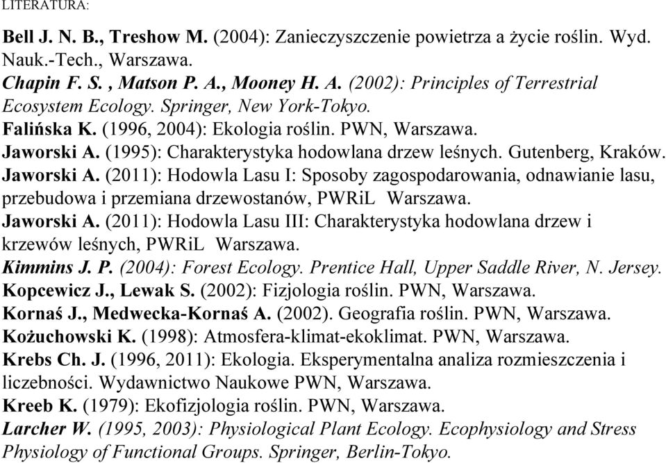 (1995): Charakterystyka hodowlana drzew leśnych. Gutenberg, Kraków. Jaworski A. (2011): Hodowla Lasu I: Sposoby zagospodarowania, odnawianie lasu, przebudowa i przemiana drzewostanów, PWRiL Warszawa.