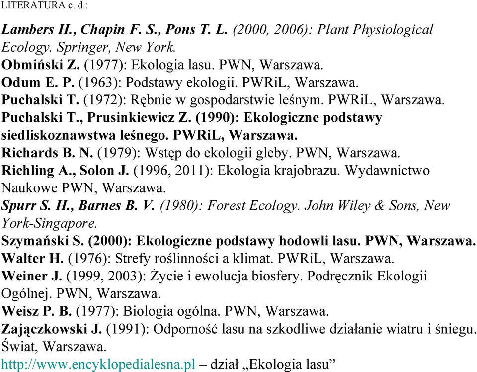 N. (1979): Wstęp do ekologii gleby. PWN, Warszawa. Richling A., Solon J. (1996, 2011): Ekologia krajobrazu. Wydawnictwo Naukowe PWN, Warszawa. Spurr S. H., Barnes B. V. (1980): Forest Ecology.