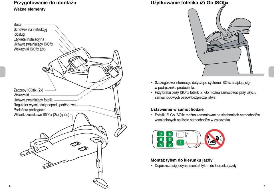 ISOfix znajdują się w podręczniku producenta. Przy braku bazy ISOfix fotelik izi Go można zamocować przy użyciu samochodowych pasów bezpieczeństwa.