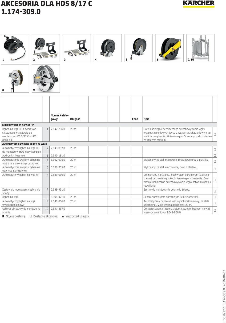 Automatycznie zwijane bębny na węże Automatyczny bęben na wąż HP 2 2.643-052.0 20 m do montażu w HDS klasy kompakt Add-on kit hose reel 3 2.643-181.0 Automatycznie zwijany bęben na 4 6.392-975.