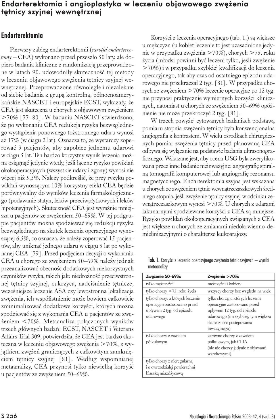 Przeprowadzone równolegle i niezale nie od siebie badania z grup¹ kontroln¹, pó³nocnoamerykañskie NASCET i europejskie ECST, wykaza³y, e CEA jest skuteczna u chorych z objawowym zwê eniem >70% [77