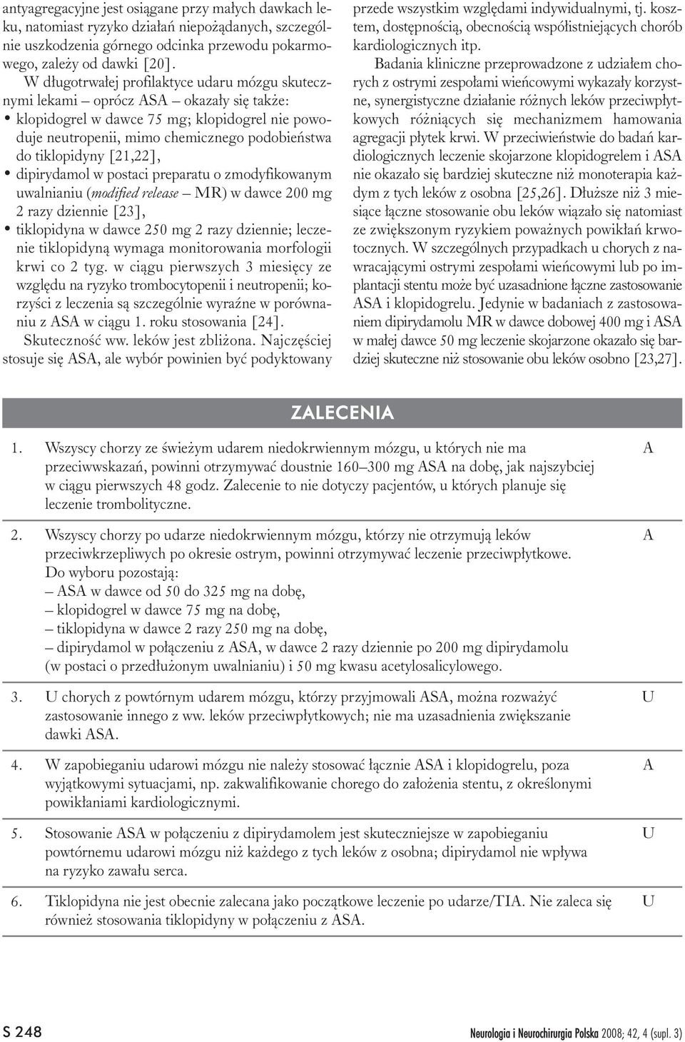 [21,22], dipirydamol w postaci preparatu o zmodyfikowanym uwalnianiu (modified release MR) w dawce 200 mg 2 razy dziennie [23], tiklopidyna w dawce 250 mg 2 razy dziennie; leczenie tiklopidyn¹ wymaga