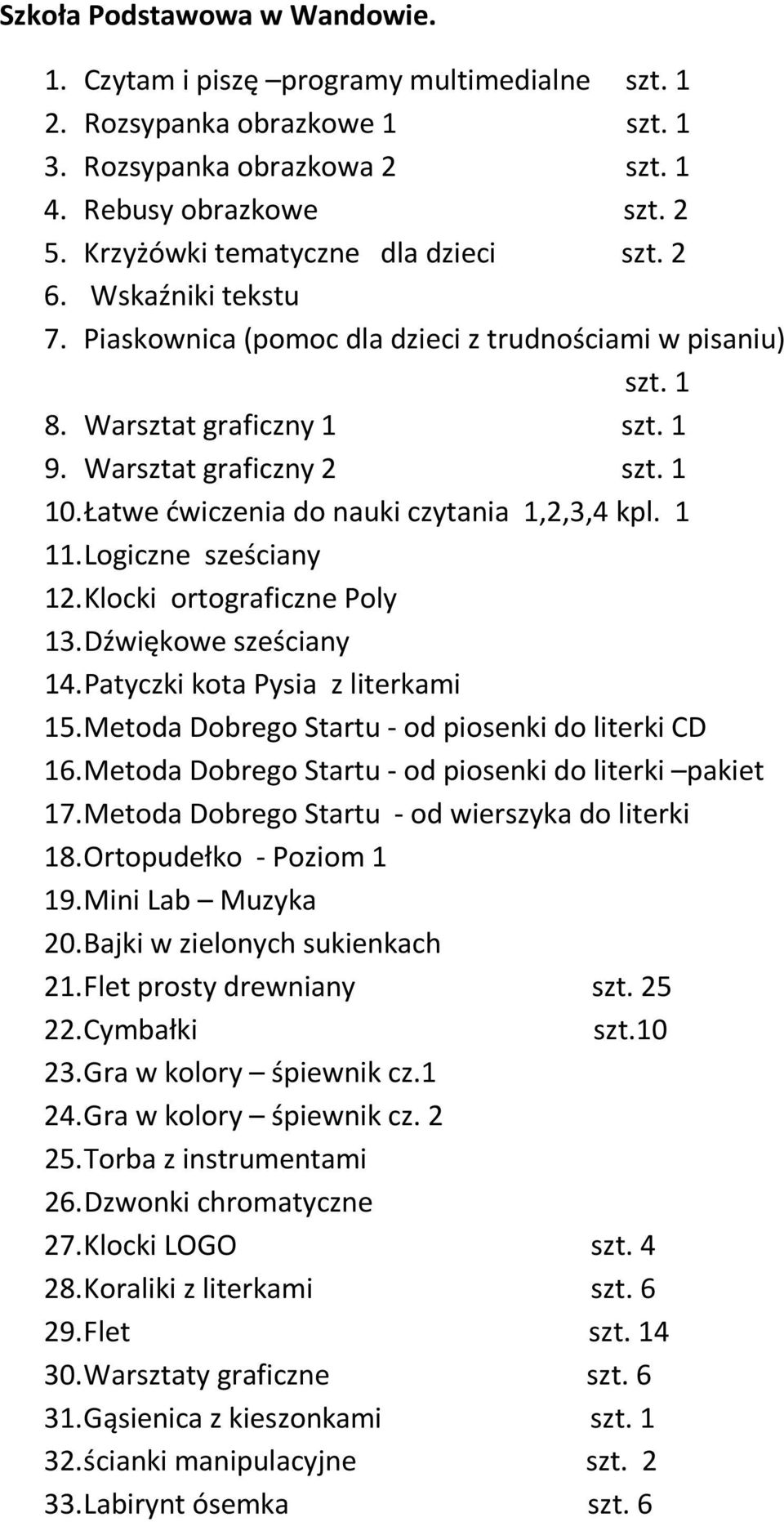 Łatwe ćwiczenia do nauki czytania 1,2,3,4 kpl. 1 11. Logiczne sześciany 12. Klocki ortograficzne Poly 13. Dźwiękowe sześciany 14. Patyczki kota Pysia z literkami 15.