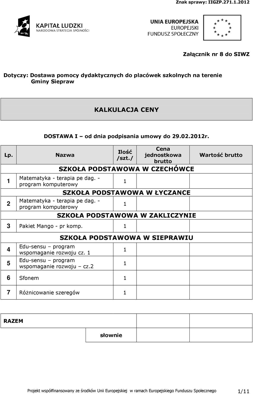 Nazwa Ilość /szt./ Cena jednostkowa brutto SZKOŁA PODSTAWOWA W CZECHÓWCE Matematyka - terapia pe dag. - program komputerowy Matematyka - terapia pe dag.