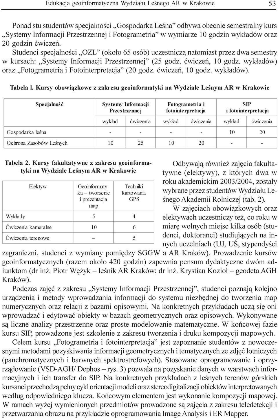 wyk³adów) oraz Fotograetria i Fotointerpretacja (20 godz. æwiczeñ, 10 godz. wyk³adów). Tabela l.